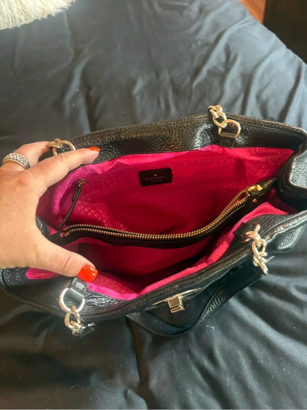 kate spade Black Leather Shoulder Bag with Pink Interior